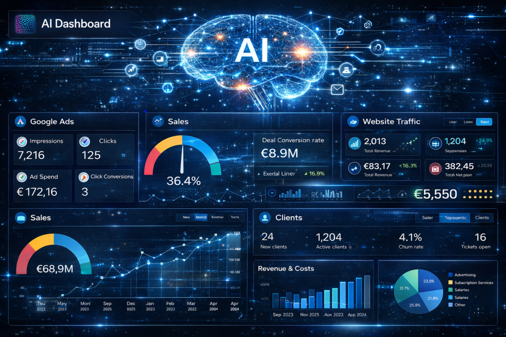 Een strak en overzichtelijk dashboard waarin wij alles koppelen en zorgen voor sterke, opgeschoonde datastromen. Het dashboard schaalt moeiteloos mee met je organisatie zowel omhoog als naar beneden.